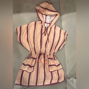 Striped linen hooded poncho swim cover up with pockets
